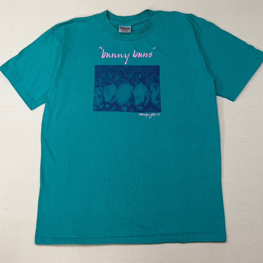 Vintage Bunny Buns Carolyn Fitz Art tee T-Shirt Teal Green XL USA Made